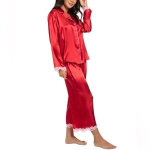 Linea Donatella Red Satin Pajama Pants w/ Pink Lace Trim Size S NWT